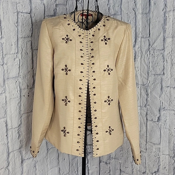 JONI B Light Gold Beaded Floral‎ Tan Jacket Small - Picture 1 of 8